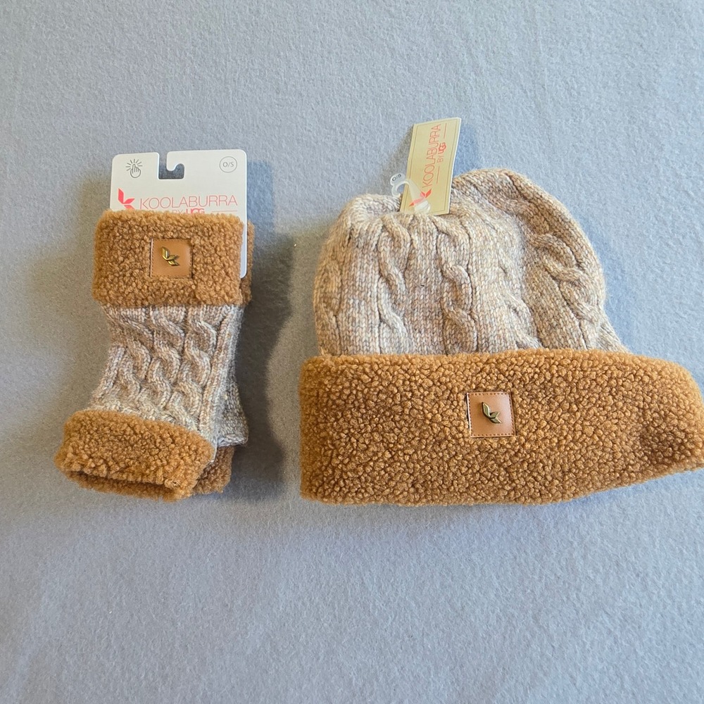 Koolaburra by UGG Beanie and Gloves Set Womens O/S Brown Cable Knit Faux Fur New
